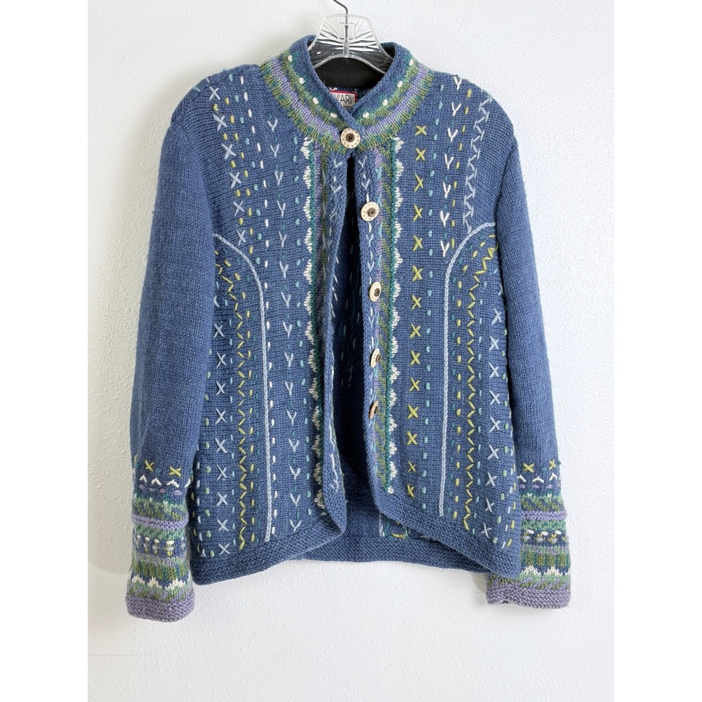Newari Icelandic Design Blue Multi Hand Knit Wool Womens Cardigan S/M